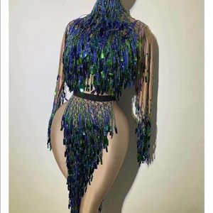 Beautiful green & blue tassel 2 piece dress